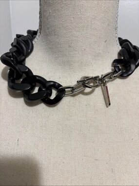 Matte Black Chunky Link Necklace with Silver Toggle and Tag